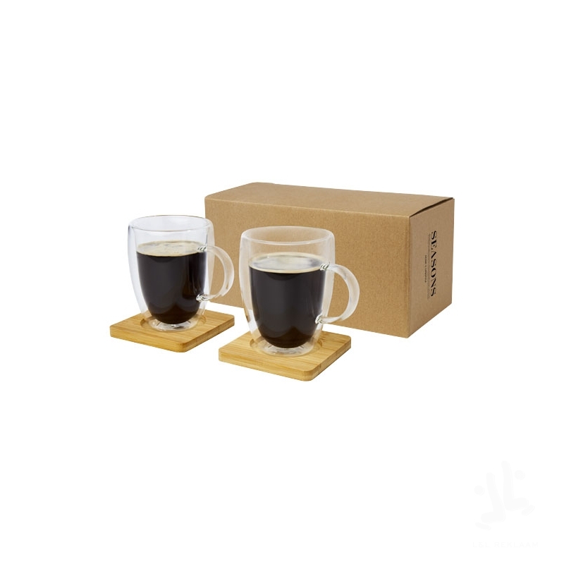 Manti 2-piece 350 ml double-wall glass cup with bamboo coaster