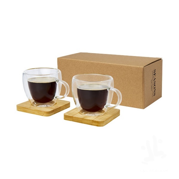 Manti 2-piece 100 ml double-wall glass cup with bamboo coaster