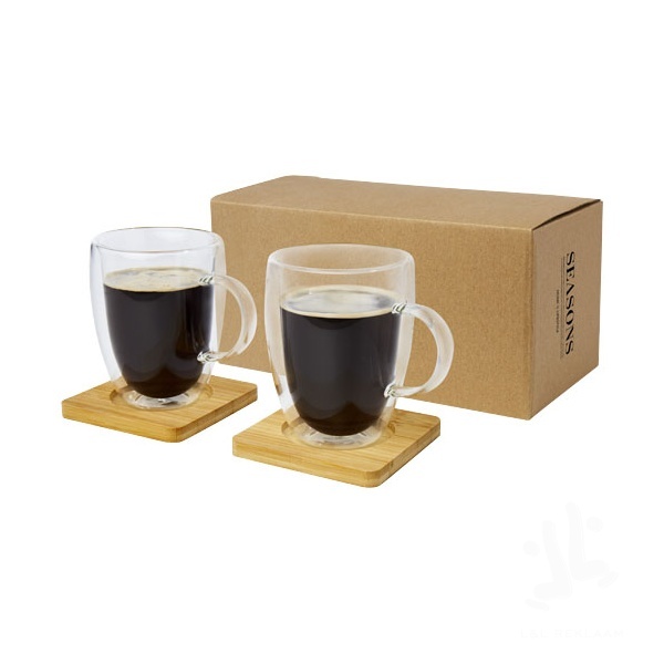 Manti 2-piece 350 ml double-wall glass cup with bamboo coaster