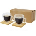 Manti 2-piece 250 ml double-wall glass cup with bamboo coaster