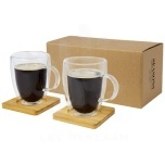 Manti 2-piece 350 ml double-wall glass cup with bamboo coaster